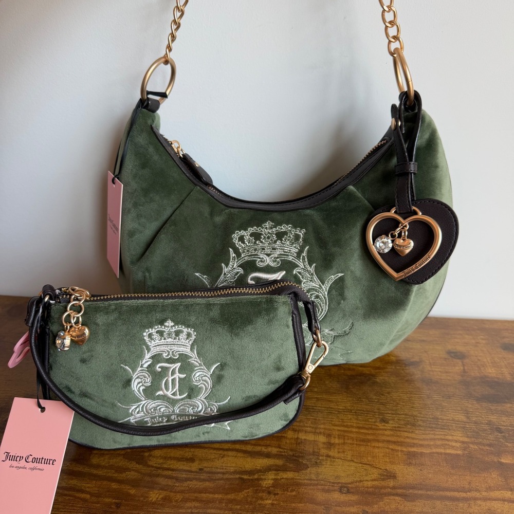 New Juicy Couture Need More Green Brown Shoulder Hobo Handbag Wristlet Set Y2K